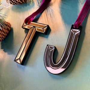 Personalised Mirrored Initial Christmas Decoration, Gold or Silver Acrylic Ornament