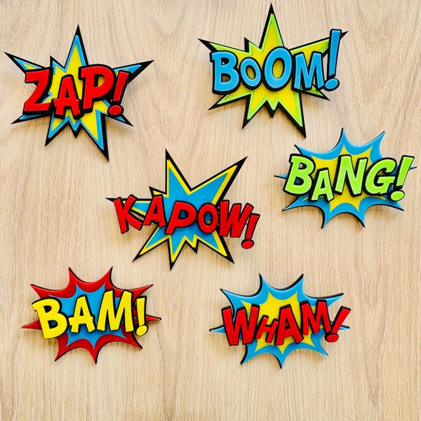 Buntes 3D Comic Action Schild, Multi Layer Acrylglas KAPOW! Kunst, Retro Superhero Schild POP Art Buch
