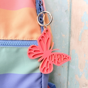 Personalised Butterfly Name Keyring, Custom Acrylic Bag Charm, Glossy Keychain, Kids Nursery Bag Tag, Back to School Gift, Stocking Filler