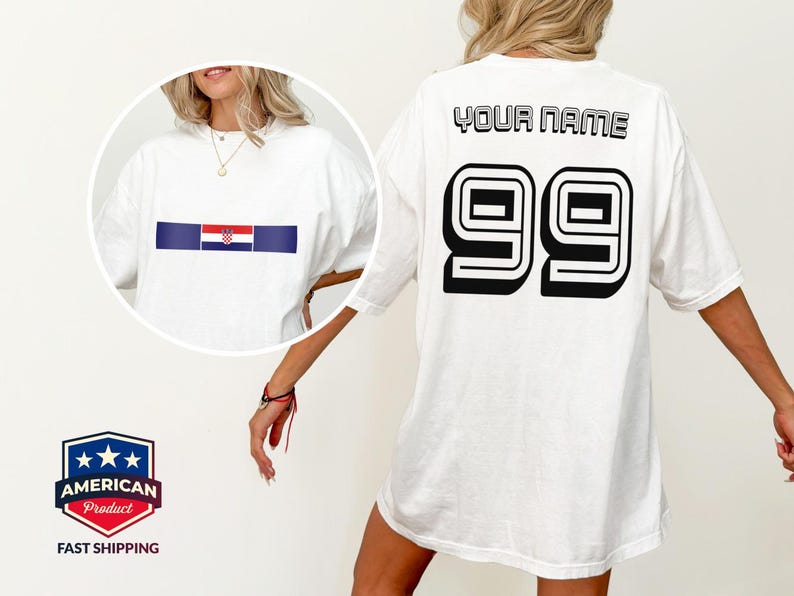 May include: A white t-shirt featuring a circular inset showing the front with a horizontal Croatian flag graphic. The back of the shirt displays the text YOUR NAME in black block letters above the large black outlined number 99 in a sports style.