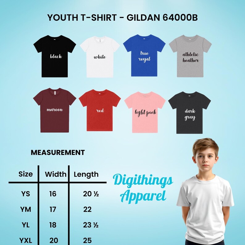 May include: A Gildan 64000B youth t-shirt color chart displaying eight short-sleeve shirts in black, white, true royal, athletic heather, maroon, red, light pink, and dark gray, alongside a size chart with width and length in inches.