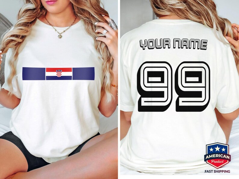 May include: A white short-sleeve t-shirt featuring a horizontal stripe with the Croatian flag on the front. The back of the shirt displays the text YOUR NAME in black block letters above the large black outlined number 99 in a sports style.