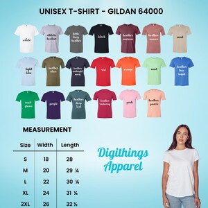 May include: A Gildan 64000 unisex t-shirt color chart displaying twenty-one variations including white, athletic heather, dark grey heather, black, maroon, mauve, sand, light blue, olive, navy, red, orange, mint, royal, green, purple, teal, raspberry, pink, and peach.
