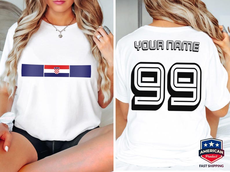 May include: A white short-sleeved t-shirt featuring a horizontal stripe with the Croatian flag on the front. The back of the shirt displays the text YOUR NAME in black block letters above the large black outlined number 99.