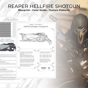 Op de afbeelding: Een document met blauwdruk, kleurengids en textuurpatronen voor de Reaper Hellfire Shotgun. De pagina bevat een lijntekening van het wapen, gedetailleerde tekstinstructies en een referentieschaal van 1 cm. Op de achtergrond staat een personage met het wapen.