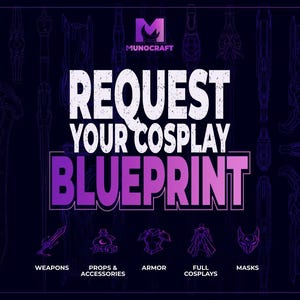 Puede incluir: Un gráfico de color morado oscuro con el logotipo de Munocraft y el texto REQUEST YOUR COSPLAY BLUEPRINT. Debajo, cinco iconos representan las categorías: armas, accesorios, armaduras, cosplays completos y máscaras, en estilo de contorno morado.