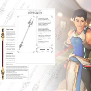 Op de afbeelding: Een gedetailleerde blauwdruk voor een staf, getiteld "Wujang - Overwatch II Staff blueprint", met een kleurengids en aantekeningen. Het stafontwerp wordt getoond in een gedetailleerde illustratie en een lijntekening. De staf is 105 cm lang.