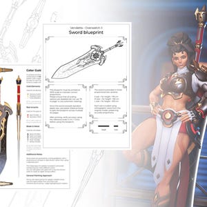 Puede incluir: Un plano de una espada de Overwatch II, etiquetado como "Vendetta". El diseño incluye una guía de colores y medidas. Un personaje del juego está en el fondo, sosteniendo una espada.