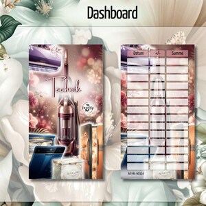 Könnte beinhalten: Eine Dashboard-Planerseite mit dem Wort Technik, einem Staubsauger und Haushaltsgeräten. Die rechte Seite zeigt ein Raster mit den Spalten Datum, +/-, und Summe sowie dem Text Art-Nr: 00334 vor einem floralen Hintergrund.