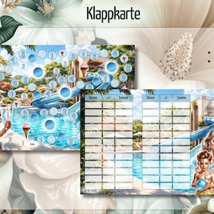 Könnte beinhalten: Ein sommerliches Spielbrett mit einer Frau im Bikini, Eiswaffeln und einer Wasserrutsche. Das Spielbrett hat blaue Kreise mit Zahlen. Der Text "Family Fun" ist sichtbar. Die Karte ist 350g und matt foliert.