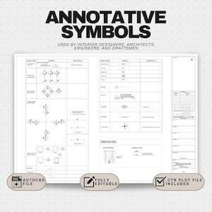 May include: A white architectural blueprint with the title "ANNOTATIVE SYMBOLS" and the text "USED BY INTERIOR DESIGNERS, ARCHITECTS, ENGINEERS, AND DRAFTSMEN." Includes "DWG AUTOCAD FILE", "FULLY EDITABLE", and "CTB PLOT FILE INCLUDED" labels.