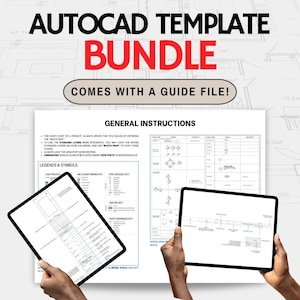 May include: An AutoCAD template bundle with the text "AUTOCAD TEMPLATE BUNDLE" in black and red. The image shows a guide file with general instructions and legends & symbols. Two tablets display architectural drawings.