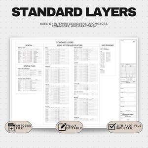 May include: A detailed architectural drawing titled "STANDARD LAYERS" with text indicating its use by interior designers, architects, engineers, and draftsmen. Includes labels for AutoCAD file, fully editable, and CTB plot file included.