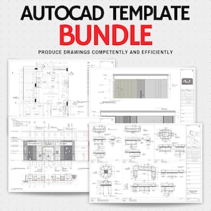 May include: An AutoCAD template bundle with architectural and engineering drawings. The image features several detailed blueprints with technical drawings and the text "AUTOCAD TEMPLATE BUNDLE" in black and red.
