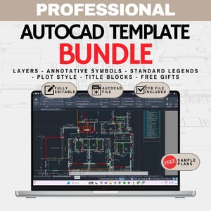 Pode incluir: Um laptop exibe um pacote de modelos AutoCAD. A tela mostra um plano arquitetônico detalhado. O texto inclui "Layers", "Annotative Symbols" e "Title Blocks". O texto adicional diz "Fully Editable", "DWG AutoCAD File" e "CTB File Included".