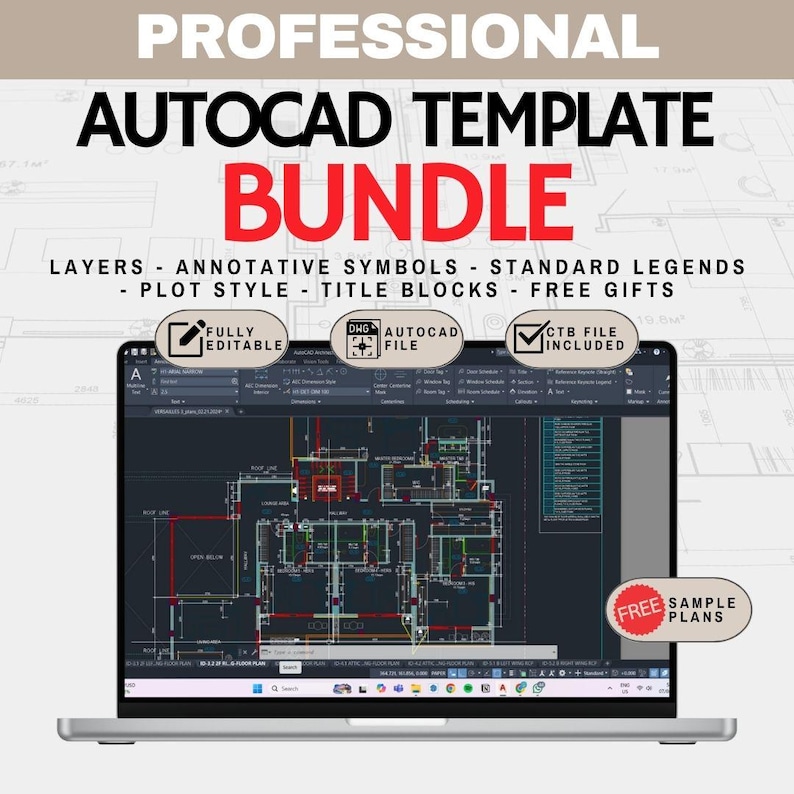 May include: A laptop displays an AutoCAD template bundle. The screen shows a detailed architectural plan. Text on the screen includes "Layers," "Annotative Symbols," and "Title Blocks." Additional text reads "Fully Editable," "DWG AutoCAD File," and "CTB File Included."