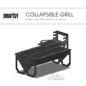 May include: Black collapsible grill with a rectangular cooking surface and a foldable design. The grill includes a grate and a stand. The text "COLLAPSIBLE GRILL" and "Folds Into Slim Suitcase Form" are displayed.
