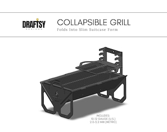 May include: Black collapsible grill with a rectangular cooking surface and a foldable design. The grill includes a grate and a stand. The text "COLLAPSIBLE GRILL" and "Folds Into Slim Suitcase Form" are displayed.