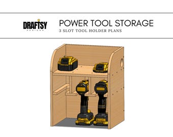 May include: A wooden power tool storage unit with three slots for holding tools. The unit has two shelves, with two tool batteries on the top shelf and two power tools on the bottom shelf. The unit is made of light brown wood and has a simple design.