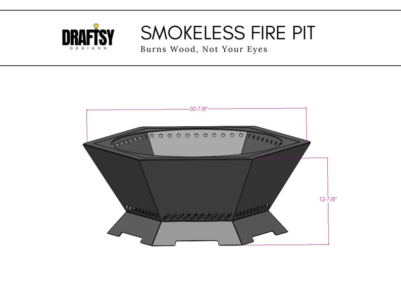 Puede incluir: Un brasero sin humo negro con un dise&ntilde;o hexagonal. El brasero mide 78,4 cm de ancho y 32,7 cm de alto. El texto "SMOKELESS FIRE PIT" y "Burns Wood, Not Your Eyes" se muestra encima del brasero.