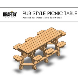May include: A wooden pub-style picnic table with six benches. The table is made of natural wood and has a rectangular top. The benches are attached to the table and have a rounded shape.