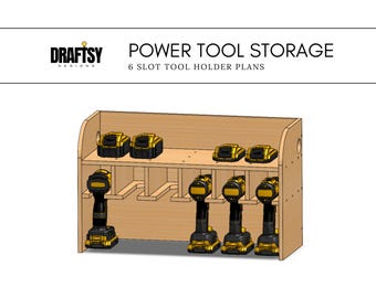 May include: A wooden power tool storage rack with six slots for holding tools and batteries. The rack has a light wood finish and is labeled "POWER TOOL STORAGE 6 SLOT TOOL HOLDER PLANS".