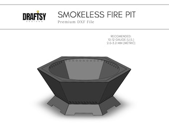 May include: A smokeless fire pit design, a premium DXF file. The hexagonal fire pit is dark gray with a series of small holes around the top rim. Recommended gauge is 10-12 (U.S.)