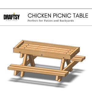 May include: A wooden chicken picnic table with a rectangular top and two benches. The table is designed for small chickens to eat and drink from.