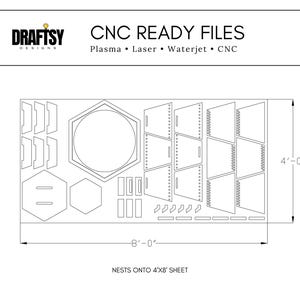 Puede incluir: Un esquema blanco para archivos listos para CNC, con varias formas geom&eacute;tricas y recortes. El dise&ntilde;o incluye un hex&aacute;gono, rect&aacute;ngulos y otras formas, con dimensiones de 122 cm por 244 cm. El texto "CNC READY FILES" est&aacute; en la parte superior.