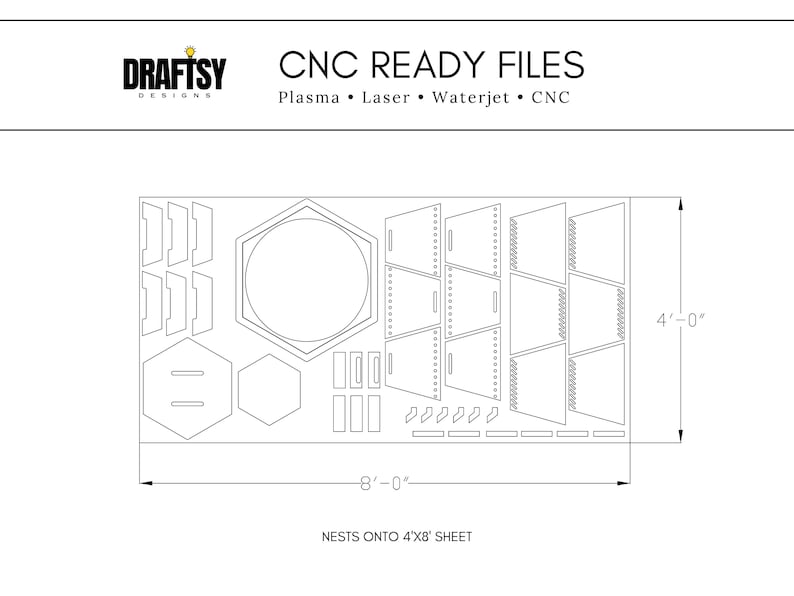 Puede incluir: Un esquema blanco para archivos listos para CNC, con varias formas geom&eacute;tricas y recortes. El dise&ntilde;o incluye un hex&aacute;gono, rect&aacute;ngulos y otras formas, con dimensiones de 122 cm por 244 cm. El texto "CNC READY FILES" est&aacute; en la parte superior.