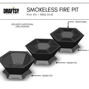 Puede incluir: Un dise&ntilde;o de fog&oacute;n sin humo y parrilla para barbacoa, con forma hexagonal y una tapa de parrilla extra&iacute;ble. La imagen muestra tres variaciones del fog&oacute;n, con el texto "Incluye 3 dise&ntilde;os de parrilla adicionales."
