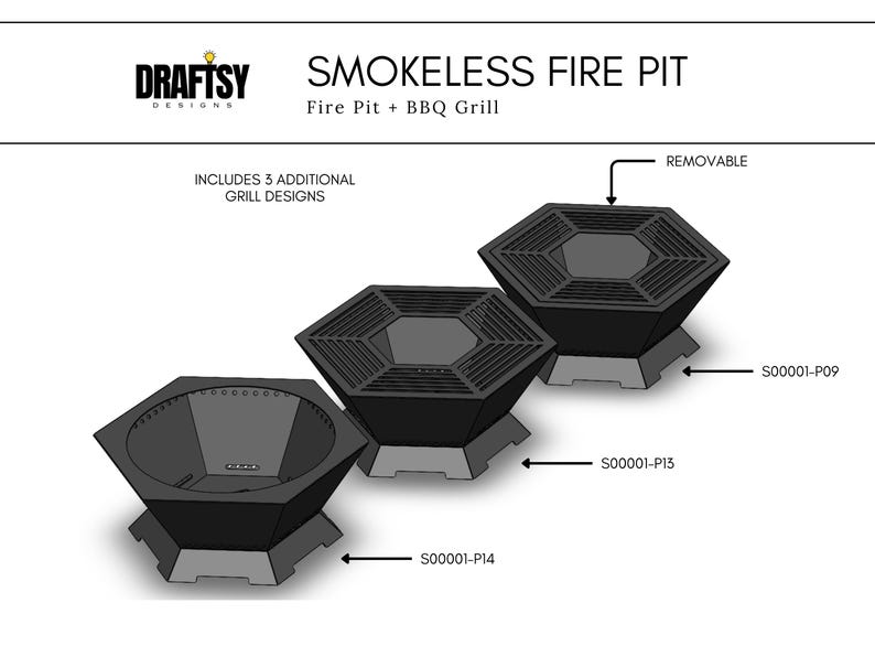 Puede incluir: Un dise&ntilde;o de fog&oacute;n sin humo y parrilla para barbacoa, con forma hexagonal y una tapa de parrilla extra&iacute;ble. La imagen muestra tres variaciones del fog&oacute;n, con el texto "Incluye 3 dise&ntilde;os de parrilla adicionales."