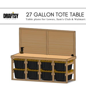 May include: A wooden table frame with six 27-gallon totes, designed to fit totes from Lowes, Sam's Club, and Walmart. The table is made of wood and has a simple design.