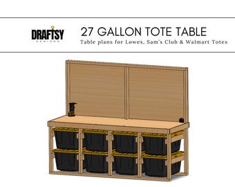 May include: A wooden table frame with six 27-gallon totes, designed to fit totes from Lowes, Sam's Club, and Walmart. The table is made of wood and has a simple design.