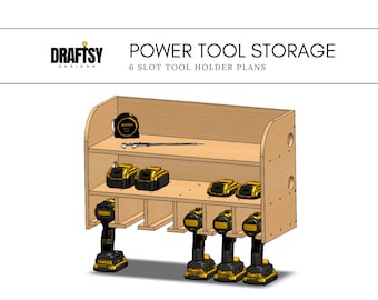May include: A wooden wall-mounted power tool storage unit with six slots for holding tools. The unit has a shelf for storing additional items. The unit is made of light brown wood and has a white background.