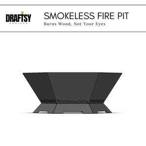 Puede incluir: Un brasero sin humo negro y geom&eacute;trico con un dise&ntilde;o amplio y angular. El brasero tiene una base robusta y est&aacute; dise&ntilde;ado para quemar madera sin producir humo. El texto "SMOKELESS FIRE PIT" y "Burns Wood, Not Your Eyes" est&aacute; encima.