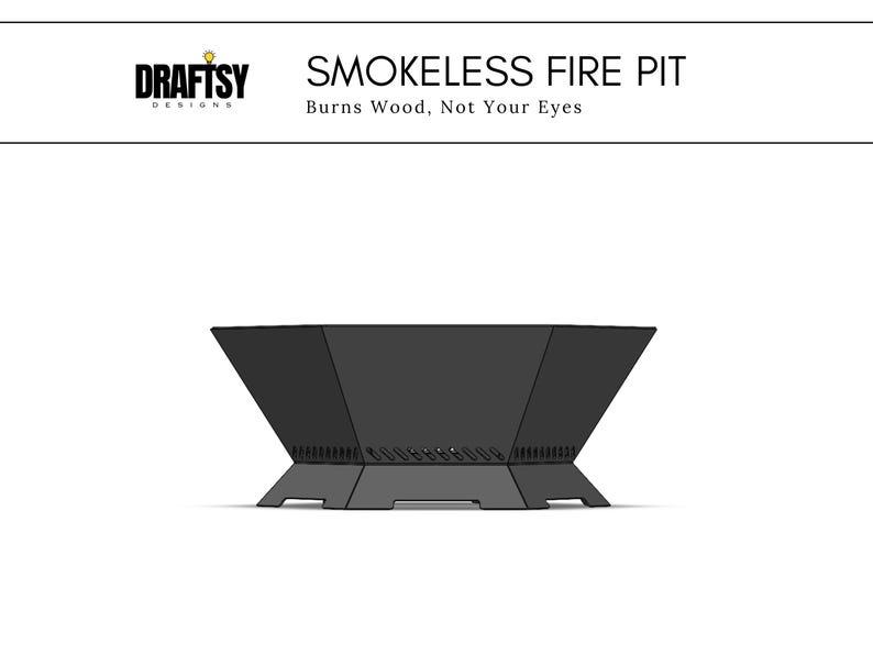 Puede incluir: Un brasero sin humo negro y geom&eacute;trico con un dise&ntilde;o amplio y angular. El brasero tiene una base robusta y est&aacute; dise&ntilde;ado para quemar madera sin producir humo. El texto "SMOKELESS FIRE PIT" y "Burns Wood, Not Your Eyes" est&aacute; encima.
