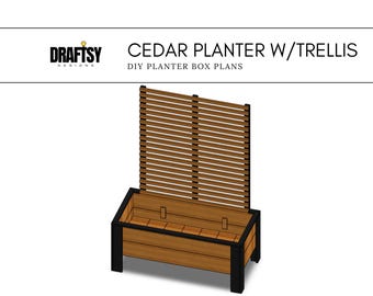 May include: A cedar planter box with a trellis, designed for DIY projects. The planter features a rectangular wooden box with a slatted trellis back. The design includes the text "CEDAR PLANTER W/TRELLIS DIY PLANTER BOX PLANS".