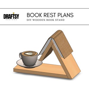 May include: DIY plans for a wooden book stand. The stand is shaped like a triangle with a book rest on top. A cup of coffee is on a small shelf below the book rest.