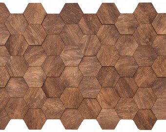 May include: A wall panel made of wood with a hexagonal pattern. The panel is made of many small, individual hexagonal pieces of wood that are arranged in a repeating pattern. The wood is a dark brown color.