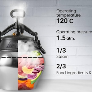 Puede incluir: Una olla a presión de acero inoxidable con tapa y asa negras. La imagen muestra la temperatura de funcionamiento de 120°C y una presión de 1,5 atm. La olla está dividida para mostrar vapor, ingredientes y líquido.
