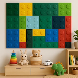 May include: A vibrant wall decoration made of large, textured blocks in shades of green, yellow, blue, and red. Beneath, a wooden toy shelf holds a stackable ring toy, a stuffed bunny, a teddy bear in a basket, a white toy car, and a green dinosaur.