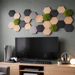 May include: A contemporary living room featuring a large television and a wooden media unit. Above the TV, a wall art installation with a honeycomb design of black, grey, and natural wood hexagonal tiles, with green moss accents.