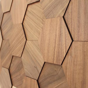 May include: A wall feature made of wooden hexagonal tiles. The tiles are various shades of brown, with visible wood grain patterns. The edges of the tiles are outlined in black, creating a geometric design.