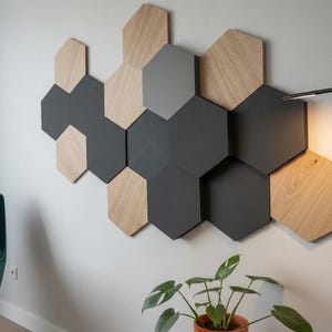 May include: A wall-mounted decorative panel composed of various hexagonal tiles. The tiles are in shades of gray, black, and natural wood tones. The arrangement creates a geometric pattern, suitable for interior design. A modern floor lamp and a potted plant are also visible.