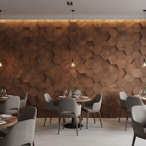 Paneles de pared de madera 3D con diseño de panal hexagonal para decoración de interiores (64 piezas)