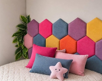 Hexagon Padded Wall Panels – Soft Kids Headboard for Nursery or Bedroom, Upholstered Wall Decor for Kids Room