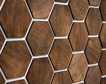 May include: A wall covered in brown hexagonal tiles with white grout lines. The tiles are arranged in a repeating pattern.