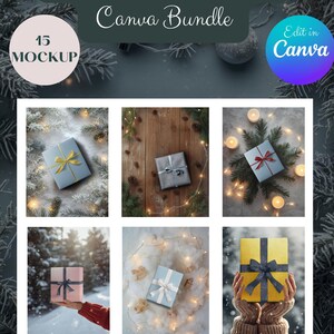 Könnte beinhalten: Eine Sammlung von Geschenkbox-Mockups mit verschiedenen Designs und Umgebungen. Das Bild zeigt eine Vielzahl von verpackten Geschenkboxen in verschiedenen Farben, darunter Blau, Rosa und Gelb, mit Bändern und Schleifen. Text beinhaltet "Gift Box Mockup Bundle", "Canva Bundle", "15 Mockup", "Edit in Canva" und "Instant Download".