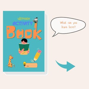 Könnte beinhalten: Ein Stapel Aktivitätsbücher mit einem türkisfarbenen Einband mit den Worten "ultimate ACTIVITY BOOK" in Blau und Orange. Illustrationen zeigen ein lesendes Kind, eine Giraffe, einen Bleistift und eine Glühbirne. Eine Sprechblase fragt: "Was kannst du hier lernen?"